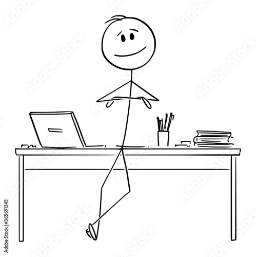 Vector cartoon stick figure drawing conceptual illustration of successful, happy and confident man, entrepreneur or businessman leaning towards office desk with arms crossed.