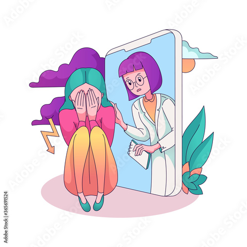 online psychological assistance service concept. Woman in despair sits on the floor crying, needs therapist help to solve her problems. healthcare, domestic violence and abuse. isolated vector 