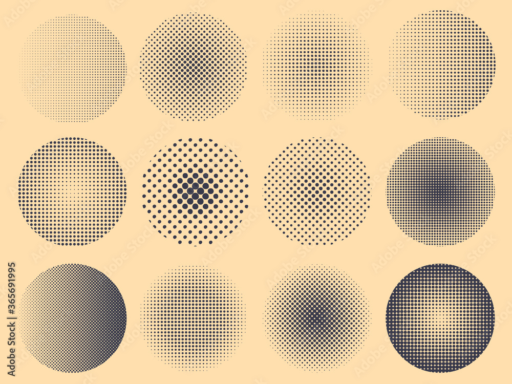 Set of halftone dots round shapes