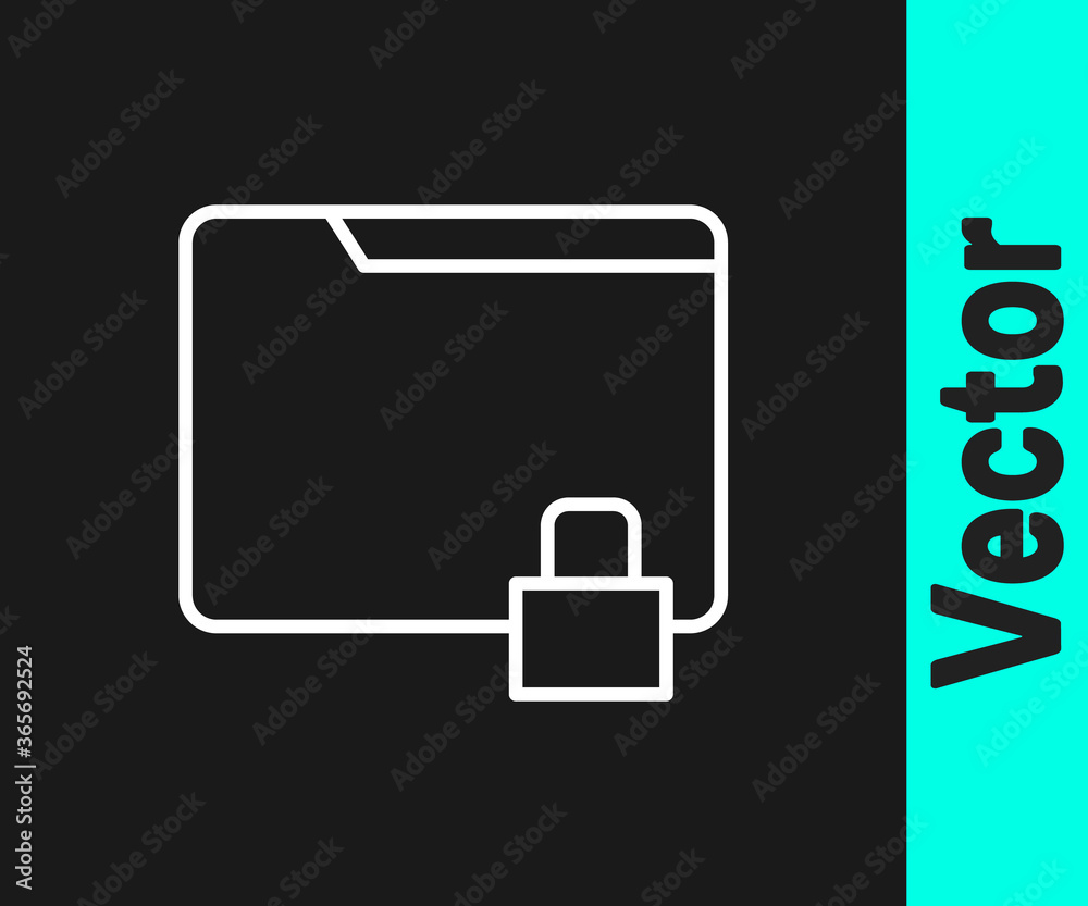 White line Folder and lock icon isolated on black background. Closed folder and padlock. Security, safety, protection concept. Vector Illustration. White line Folder and lock icon isolated on black background. Closed folder and padlock. Security, safety, protection concept. Vector Illustration.