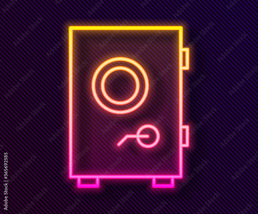 Glowing neon line Safe icon isolated on black background. The door safe a bank vault with a combination lock. Reliable Data Protection. Vector Illustration.