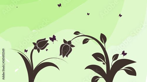 Two flowers reaching out to each other, beautiful, elegant with beautiful buds and flying butterflies