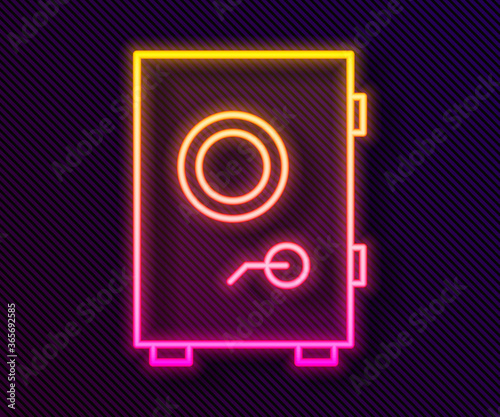 Glowing neon line Safe icon isolated on black background. The door safe a bank vault with a combination lock. Reliable Data Protection. Vector Illustration.