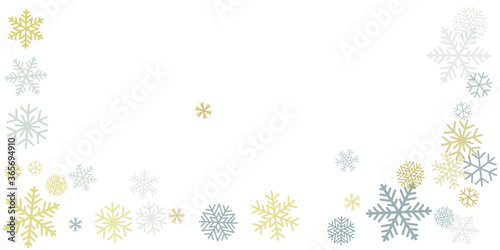 Christmas snowflakes background with place for text. Winter gold and silver snow minimal decoration on white  greeting card. New Year Holidays subtle backdrop. Vector illustration EPS 10