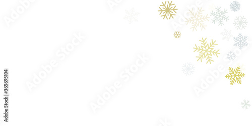 Christmas snowflakes background with place for text. Winter gold and silver snow minimal decoration on white  greeting card. New Year Holidays subtle backdrop. Vector illustration EPS 10