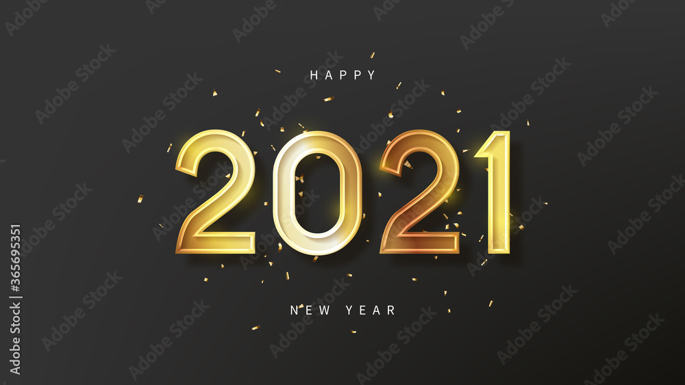 2021 Happy New Year holiday card. Vector illustration with golden holiday symbol and confetti on black background.