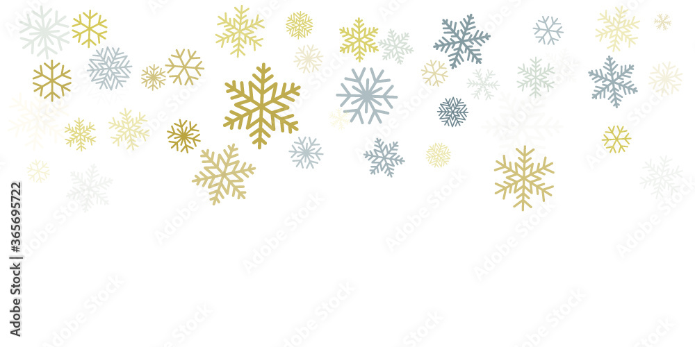 Christmas snowflakes background with place for text. Winter gold and silver snow minimal decoration on white, greeting card. New Year Holidays subtle backdrop. Vector illustration EPS 10 Christmas snowflakes background with place for text. Winter gold and silver snow minimal decoration on white, greeting card. New Year Holidays subtle backdrop. Vector illustration EPS 10