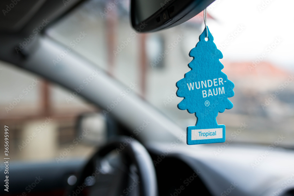 Miercurea Ciuc, Romania- 15 February 2020: Hanging Wunder Baum Tropical air  freshener on car interior. Stock Photo | Adobe Stock