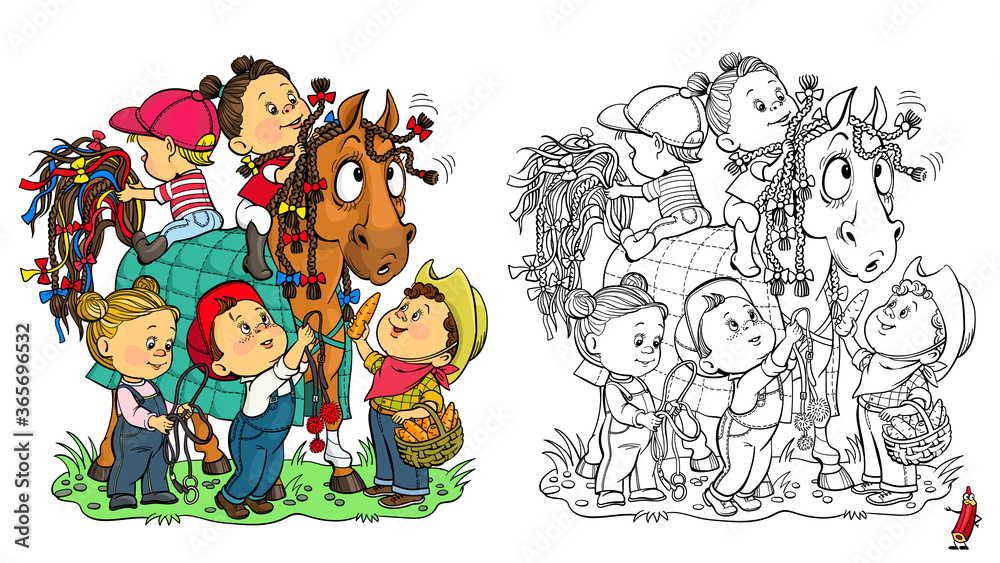 Vector funny illustration for coloring. With an example of a color image. Happy children decorate their beloved horse with colorful ribbons. Rest, sport, holidays