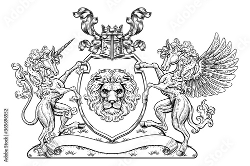 A crest coat of arms family shield seal featuring unicorn, Pegesus winged horse and lion