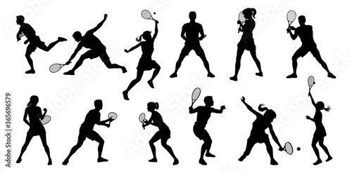 A set of tennis player man and woman silhouette sports people design elements