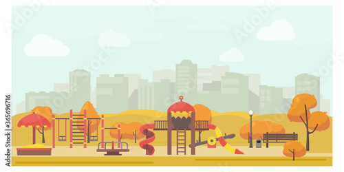 Kids playground in city park flat illustration. Stock vector. Playground design with slide, swing, carousel, sandbox. Public park autumn landscape.