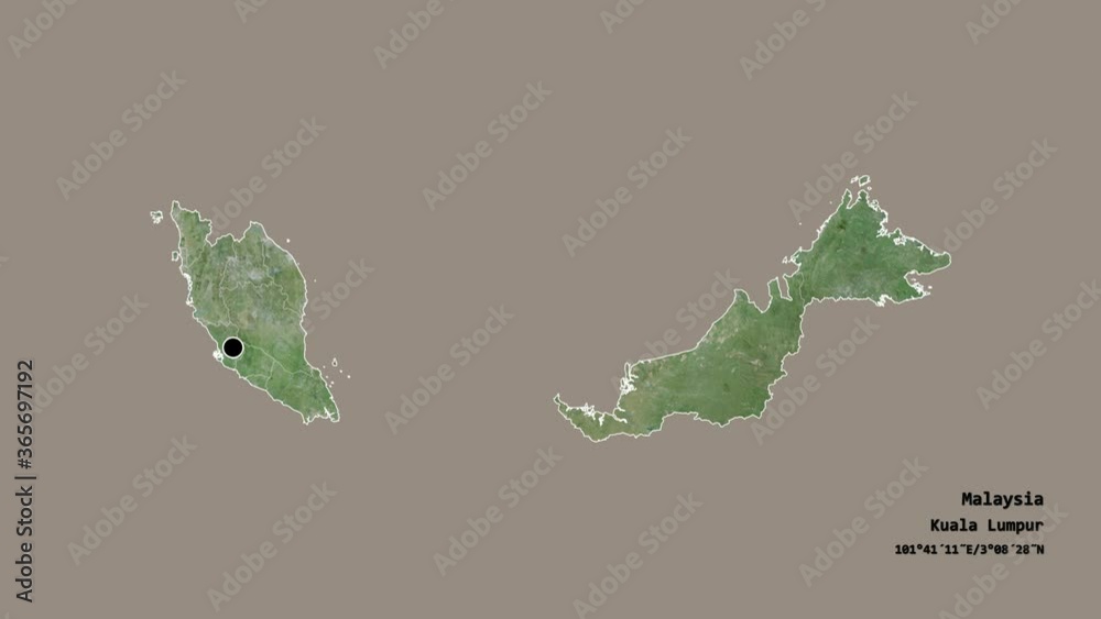 Sabah, state of Malaysia, with its capital, localized, outlined and zoomed with informative overlays on a satellite map in the Stereographic projection. Animation 3D Sabah, state of Malaysia, with its capital, localized, outlined and zoomed with informative overlays on a satellite map in the Stereographic projection. Animation 3D