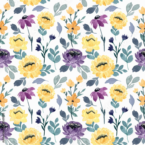 yellow purple flower watercolor seamless pattern