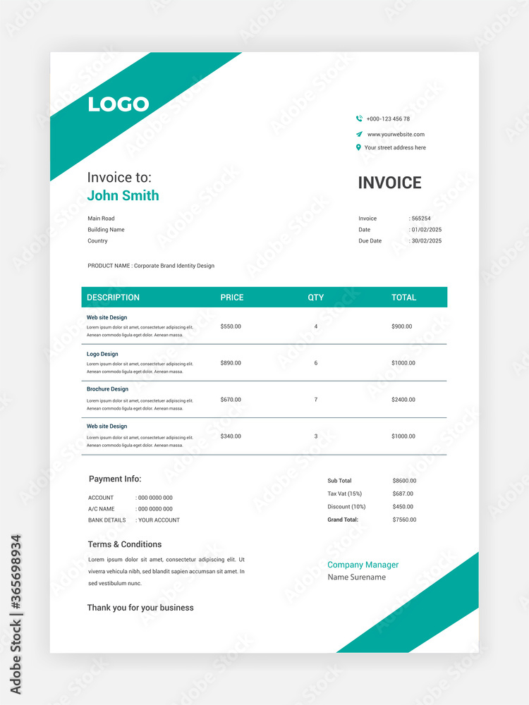 Corporate Business Minimalist Invoice Design For Your Business Vector Template