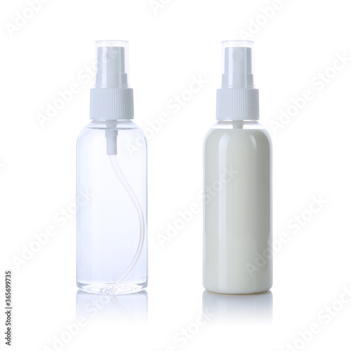 Blank transparent spray bottle filled with water & cream for mock up, isolated on white background. Front & back view. Clear hand sanitiser for template. Empty misquoter repellent for branding.