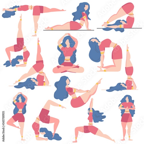 Set of 13 yoga postures of female figures, flat design isolated on white background