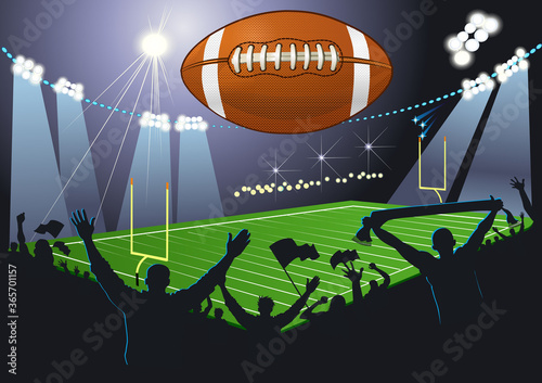 American Football field. Ball. Fans
