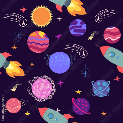 Seamless space pattern. Planets, rockets and stars. Cartoon spaceship