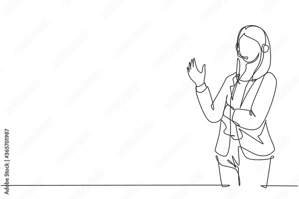 Single continuous line drawing of young happy female motivator poses neatly in front of camera after presentation at the office. Public trainer concept one line draw design vector illustration Single continuous line drawing of young happy female motivator poses neatly in front of camera after presentation at the office. Public trainer concept one line draw design vector illustration