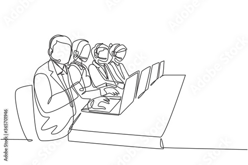 One continuous line drawing group of male and female telemarketing team calling prospective client to offer product. Sales marketing care worker concept single line draw design vector illustration