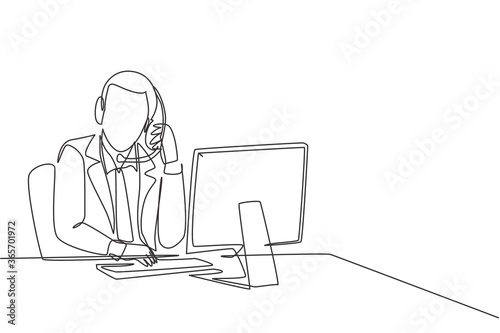 One continuous line drawing of young male customer service remove the headset from his head after listening complain. Call center service excellent concept single line draw design vector illustration
