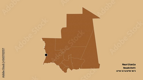 Guidimaka, region of Mauritania, with its capital, localized, outlined and zoomed with informative overlays on a solid patterned map in the Stereographic projection. Animation 3D photo