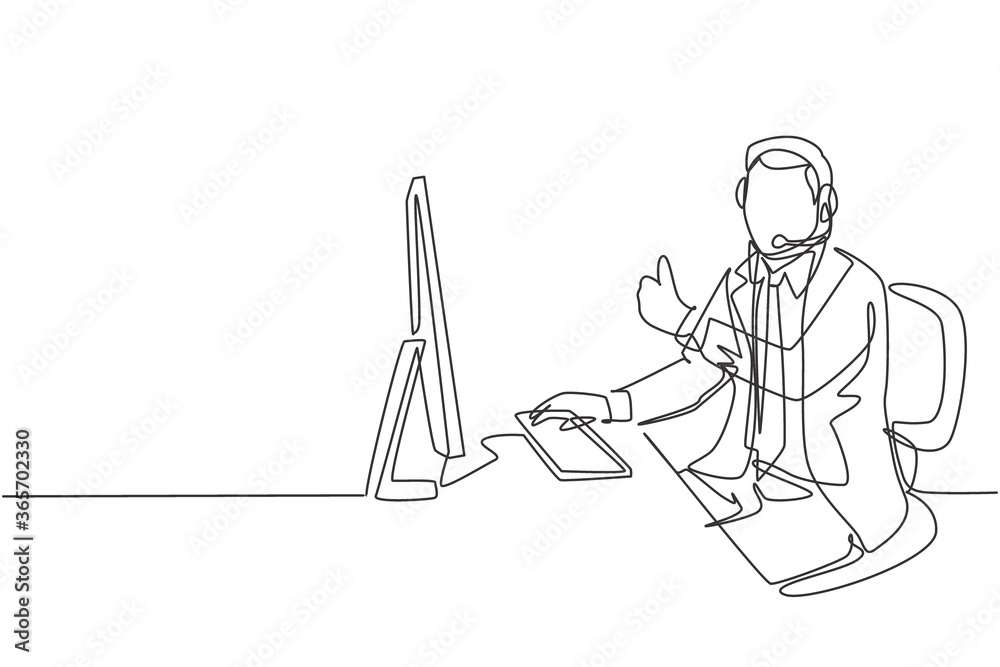One continuous line drawing of young happy male call center worker giving thumbs up gesture while handle customer complaint. Customer service care concept single line draw design vector illustration One continuous line drawing of young happy male call center worker giving thumbs up gesture while handle customer complaint. Customer service care concept single line draw design vector illustration