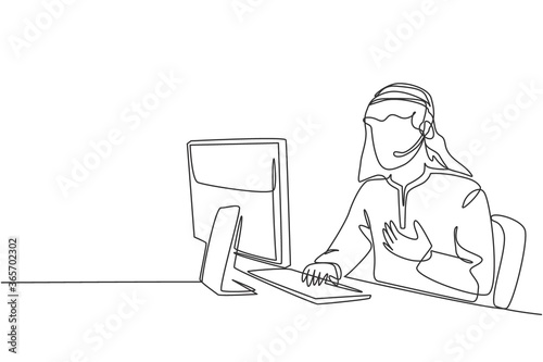 One single line drawing of young Arabian man wearing scarf receives complaint call from customer about broken new product. Call center care concept continuous line draw design vector illustration