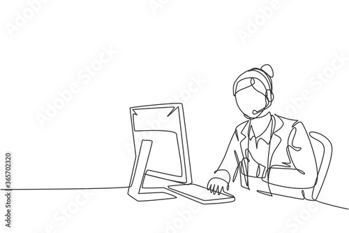 Single continuous line drawing of young happy female call center worker answering complain call from customer kindly. Helpdesk center care concept one line graphic draw design vector illustration