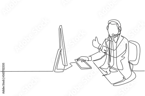 One continuous line drawing of young happy male call center worker giving thumbs up gesture while handle customer complaint. Customer service care concept single line draw design vector illustration