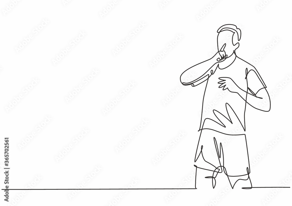 Single continuous line drawing of young sporty soccer player makes quiet gesture with his finger to the rival supporters. Match soccer goal celebration concept one line draw design vector illustration