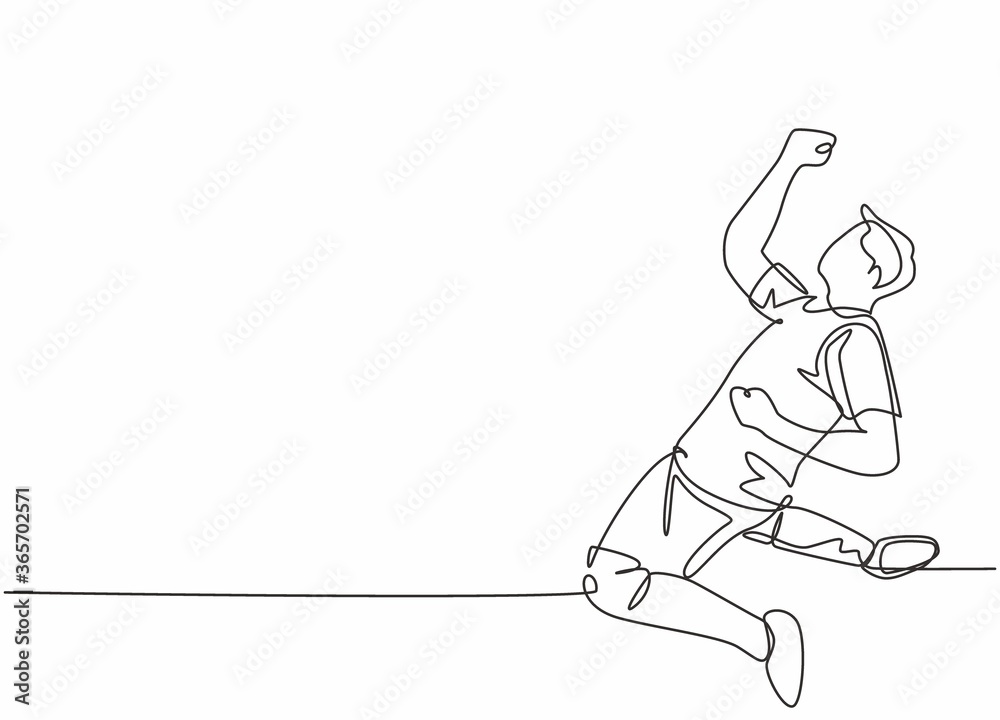 Single continuous line drawing of young sporty football player punching his fist hands up to the air on the field. Match soccer goal celebration concept one line draw design vector illustration
