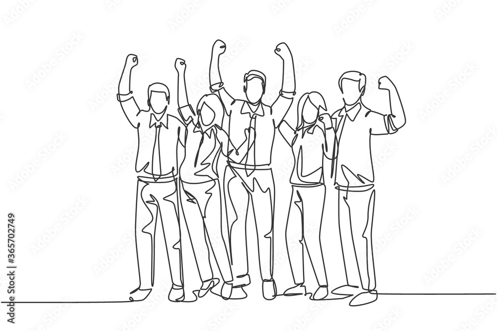One single line drawing group of young happy male and female workers jumping in the office room together. Business teamwork celebration concept continuous line draw design vector illustration graphic