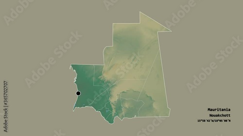 Hodh el Gharbi, region of Mauritania, with its capital, localized, outlined and zoomed with informative overlays on a relief map in the Stereographic projection. Animation 3D photo