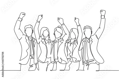 One continuous line drawing of young happy male and female managers raise their hands up to the sky together. Business teamwork celebration concept single line draw design graphic vector illustration