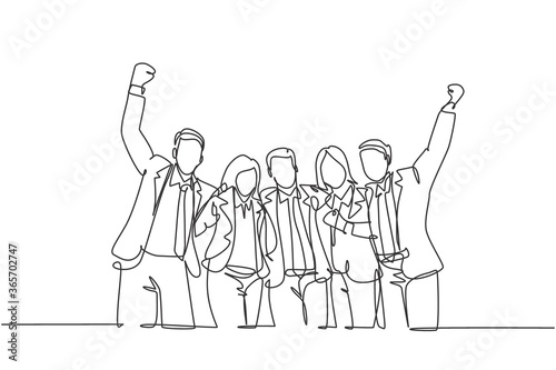 Single continuous line drawing of young happy male and female managers celebrating their job promotion together. Business teamwork celebration concept one line draw design graphic vector illustration