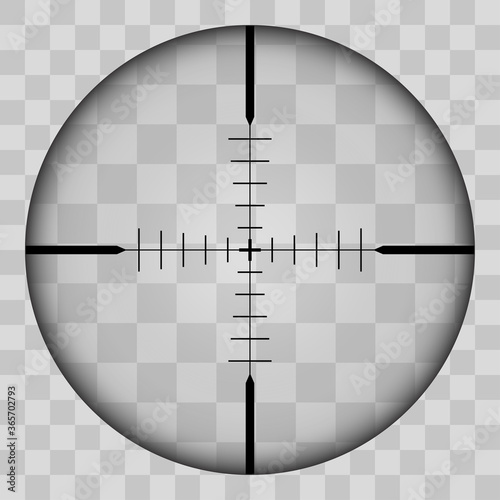 Realistic view of the area of the sniper crossroads with measures. The pattern of the sniper area stands out in a transparent tone. Inspection through the rifle sight. Vector