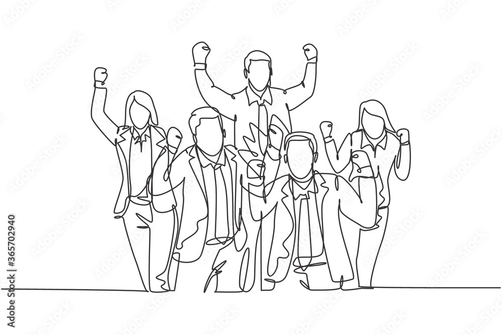 One single line drawing of young happy male and female workers standing forming circle shape together. Business teamwork celebration concept continuous line draw design vector illustration