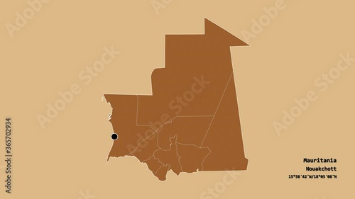 Inchiri, region of Mauritania, with its capital, localized, outlined and zoomed with informative overlays on a solid patterned map in the Stereographic projection. Animation 3D photo