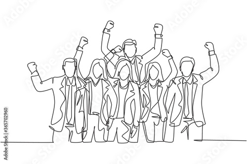 One single line drawing of young happy male and female manager open and raise their hands together. Trendy business teamwork celebration concept continuous line graphic draw design vector illustration