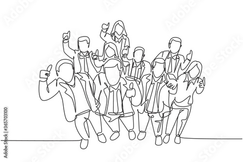 One single line drawing of young happy male and female managers raise their hand into the air and giving thumbs up gesture. Business celebration concept continuous line draw design vector illustration