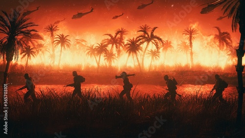 military soldiers silhouettes on savana battlefield background