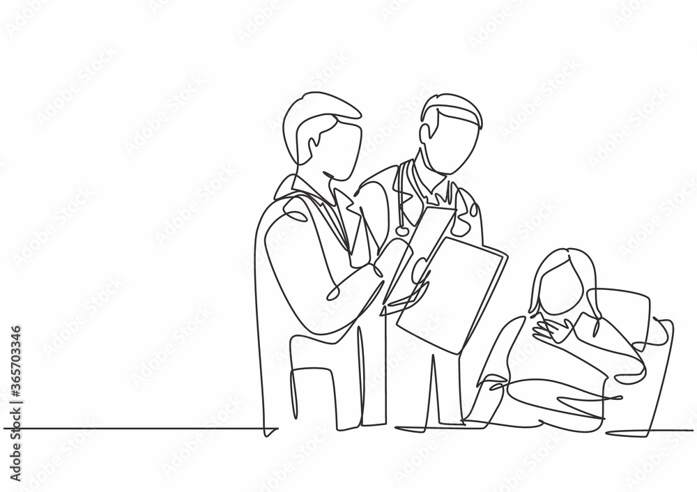 One single line drawing of young male doctor showing positive health progress report to old lady patient who laying at bed. Medical treatment concept continuous line draw design vector illustration