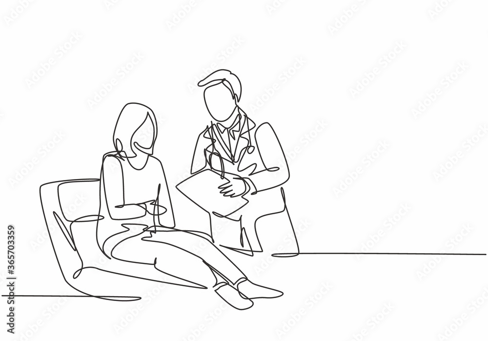 One continuous line drawing of male doctor talking about medical report to the laying female patient in the bed. Trendy hospital health care service concept single line draw design vector illustration