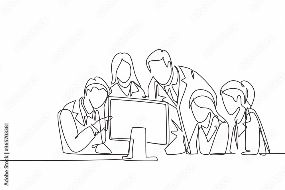 One continuous line drawing group of male and female doctor discus while watching patient health medical report on computer. Hospital health care concept single line draw design vector illustration
