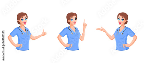Set of doctor woman character has different hand gestures in flat style. Medicine job function and health industry. Vector illustration of avatar people design.
