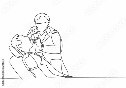 Single continuous line drawing of young male dentist examining patient teeth condition and doing tooth filling. Medical health care service workers concept one line draw design vector illustration