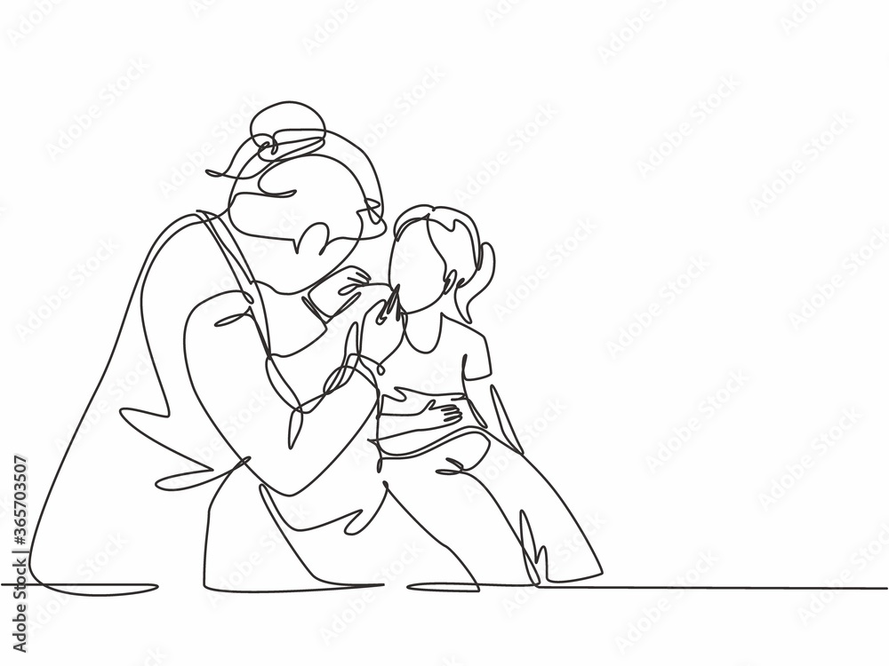 Single continuous line drawing of young female dentist examining young girl teeth condition at dental clinic. Medical health care service workers concept one line draw design vector illustration