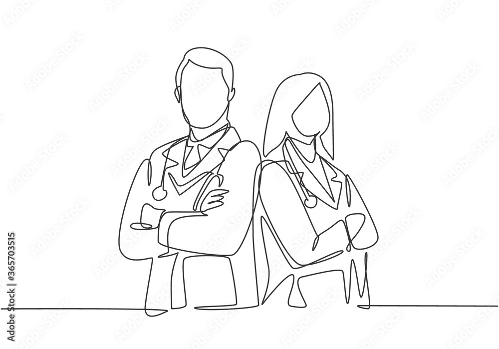 One continuous single line drawing of young couple male and female doctors pose standing together while crossing hand on chest. Medical teamwork concept single line draw design vector illustration One continuous single line drawing of young couple male and female doctors pose standing together while crossing hand on chest. Medical teamwork concept single line draw design vector illustration
